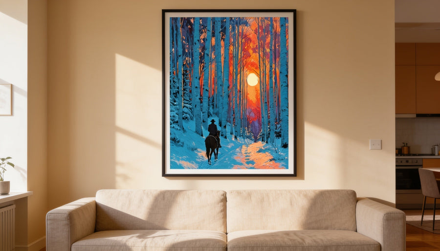 Rental-friendly living room mockup with Art Academi wall art above a neutral sofa