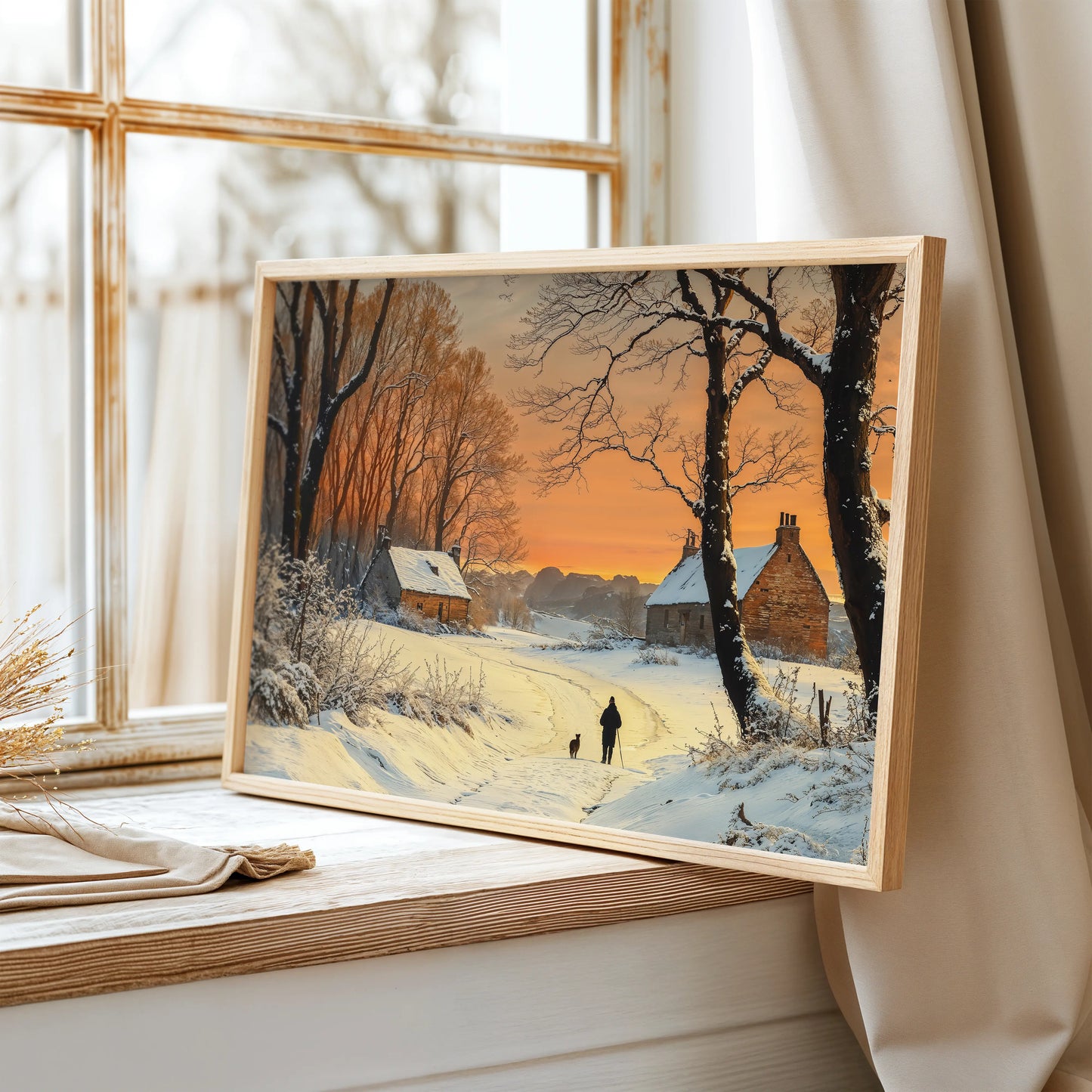 Framed winter landscape painting on a windowsill with natural light.