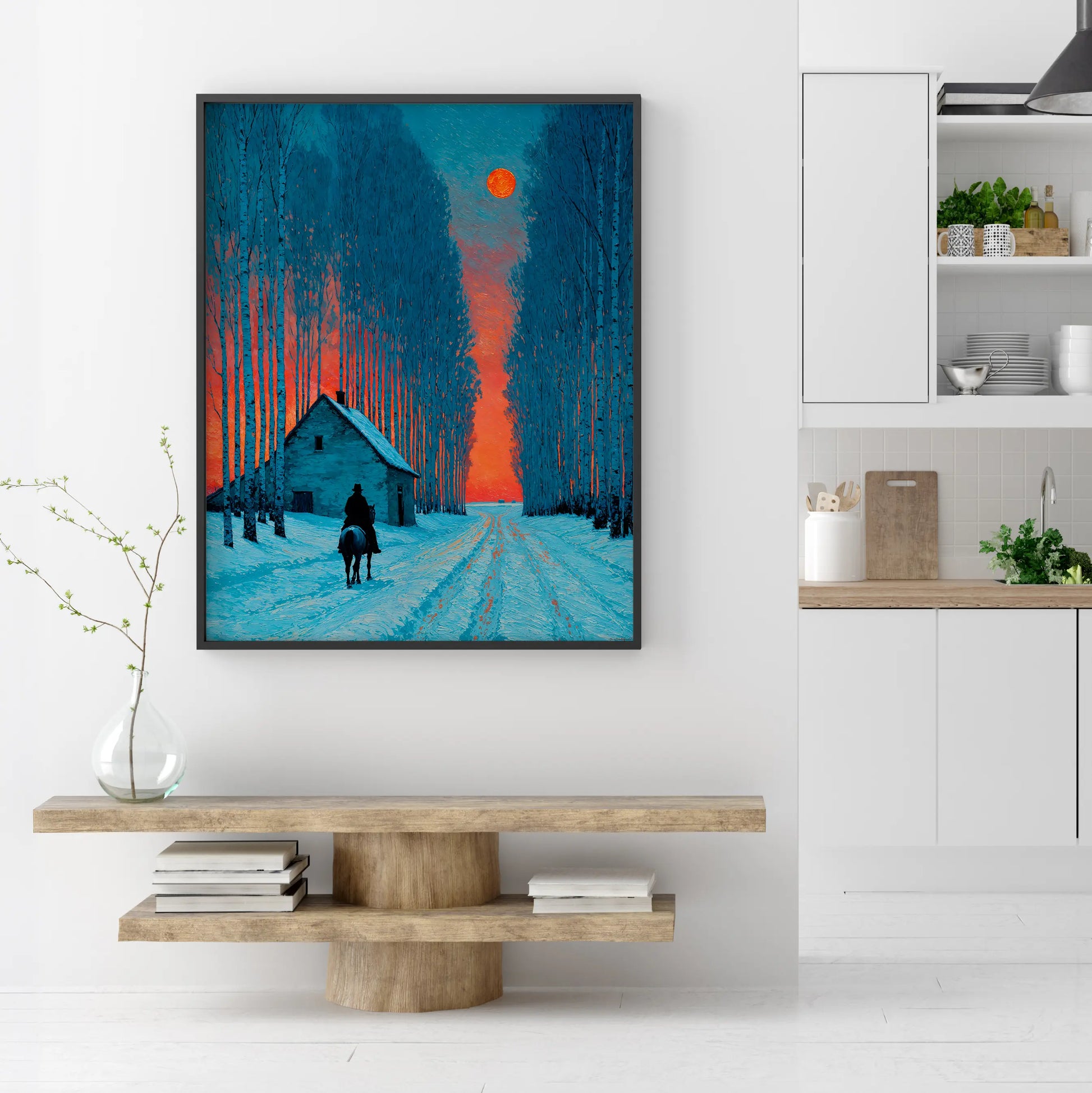 Crimson Moon: Snowy Birch Forest & Horse Art Print | Kevin Kia