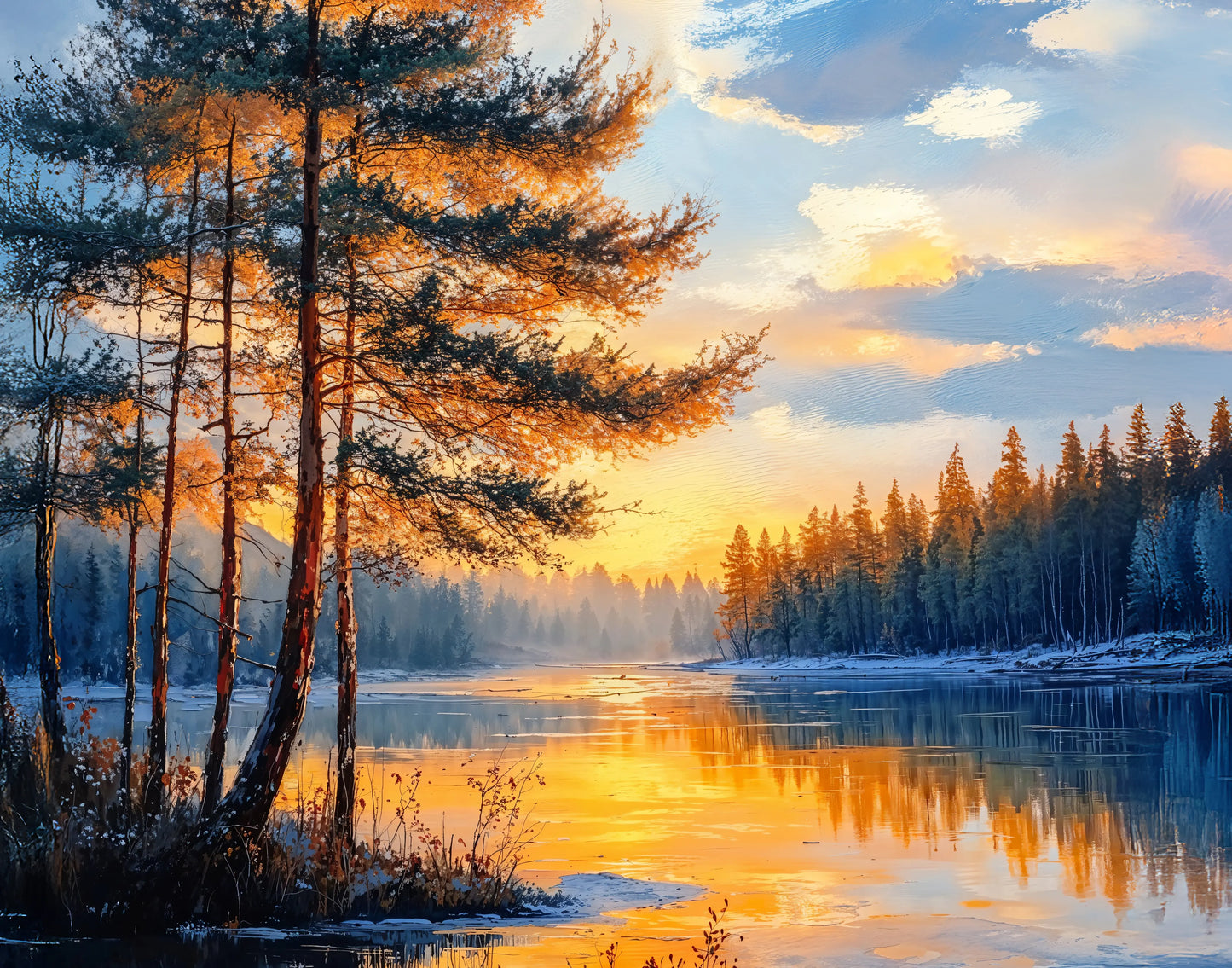 Horizontal canvas artwork depicting a forest river at sunset, with tall trees reflected in calm water under warm golden light.