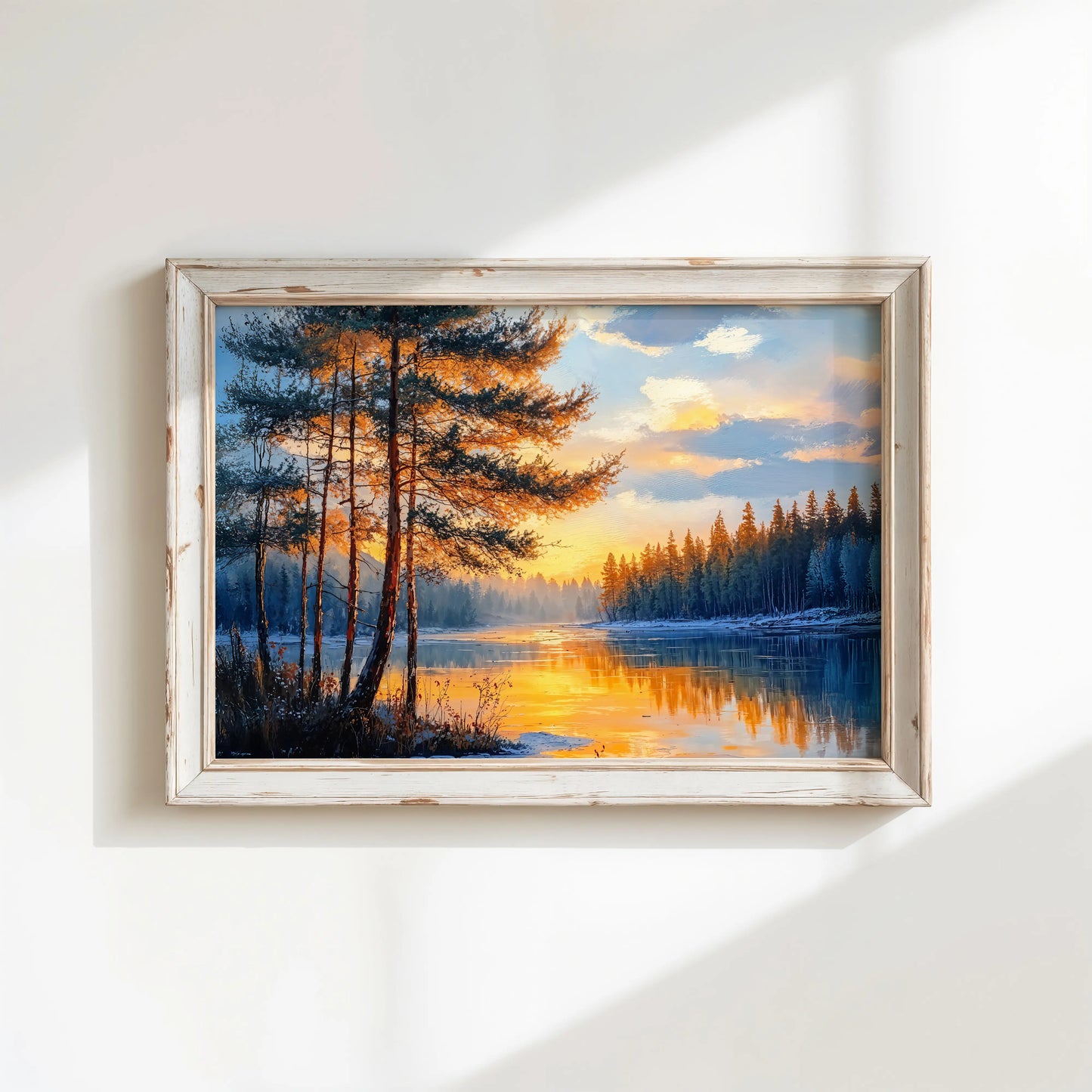 Framed horizontal canvas displayed on a white wall, showing a forest river reflection scene lit by soft natural daylight.