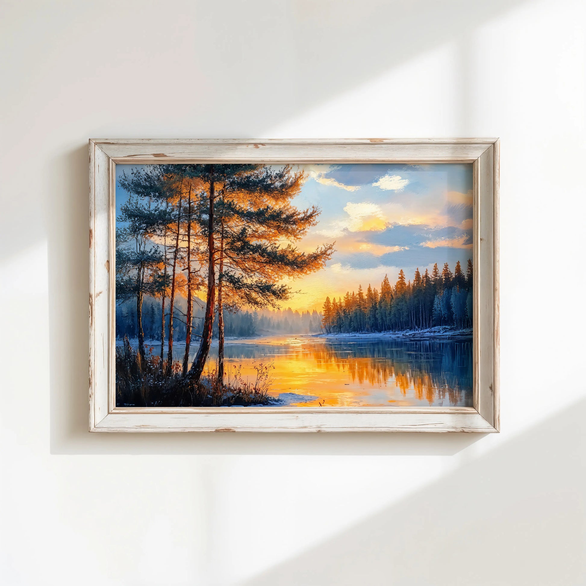 Framed horizontal canvas displayed on a white wall, showing a forest river reflection scene lit by soft natural daylight.