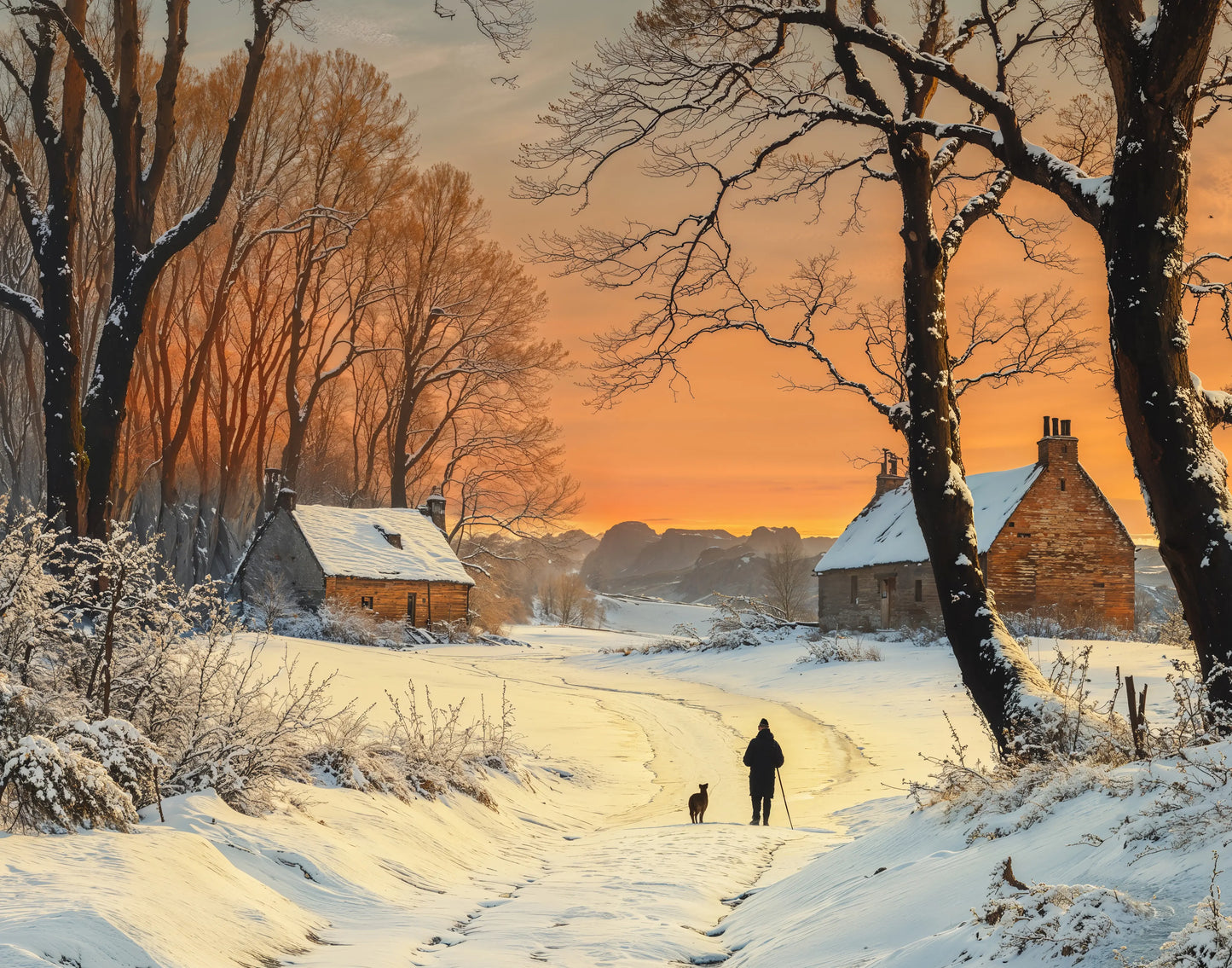 Winter Waltz winter cottage path at dusk with snow and figures on stretched canvas