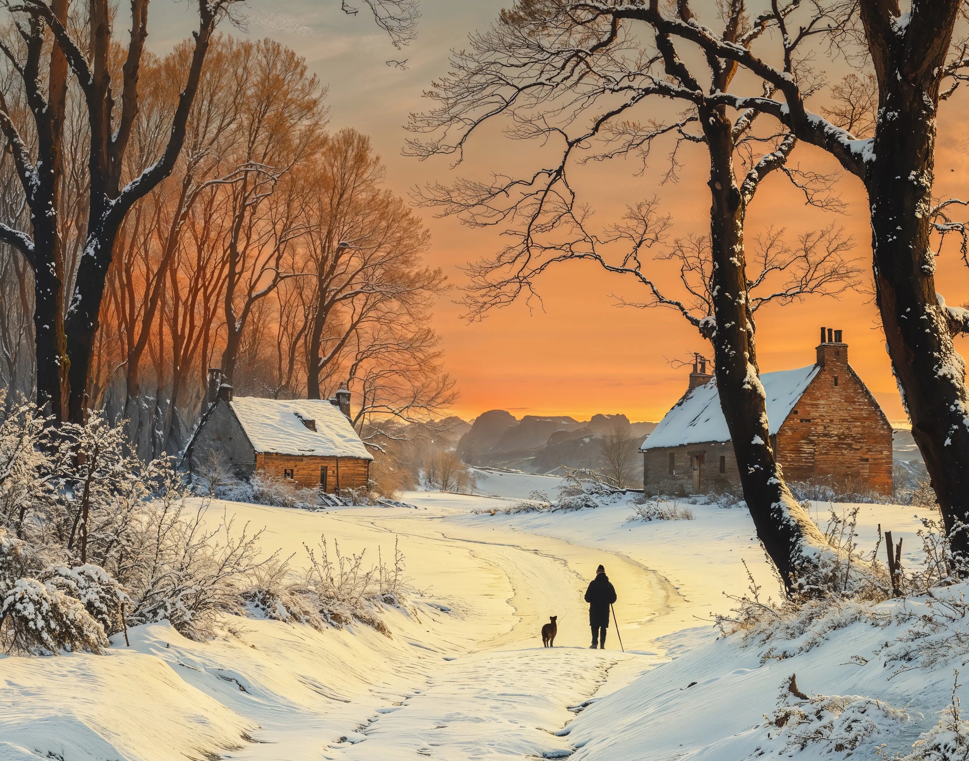 Winter Waltz winter cottage path at dusk with snow and figures on stretched canvas