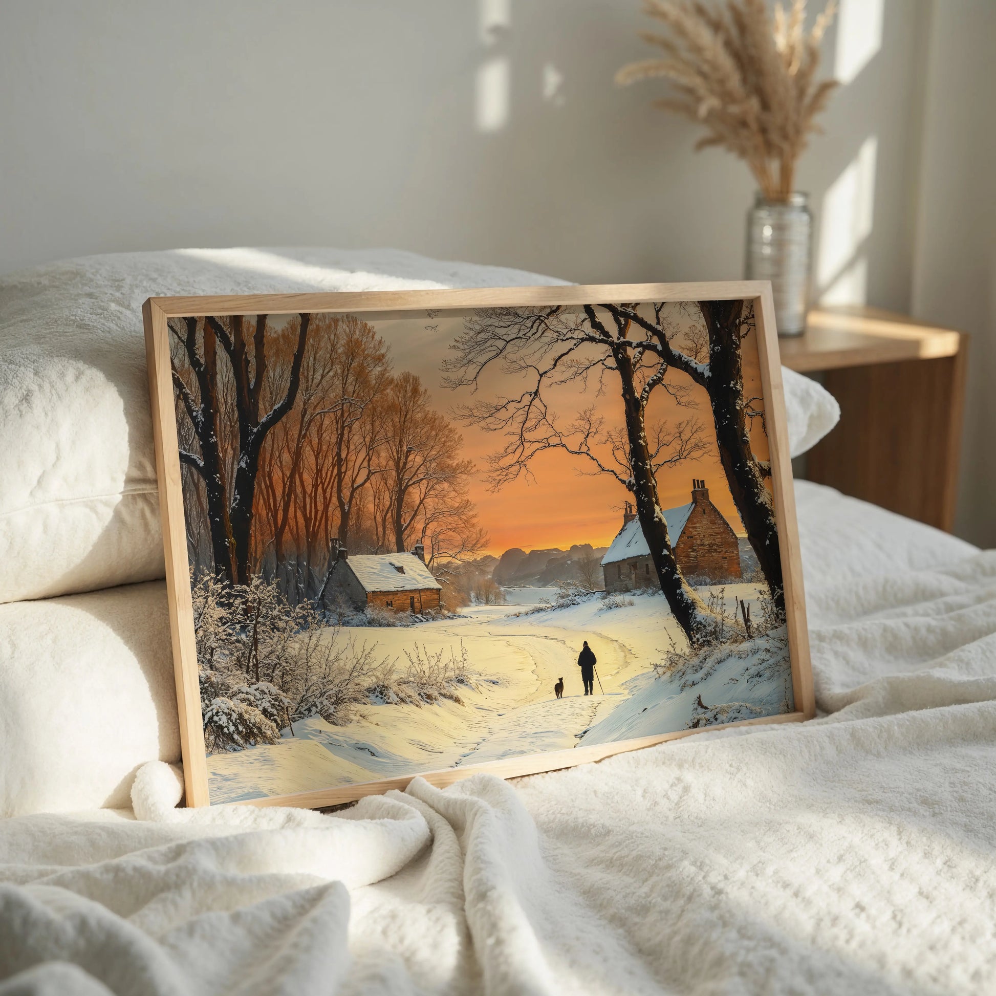 Framed winter landscape painting on a bed with soft lighting