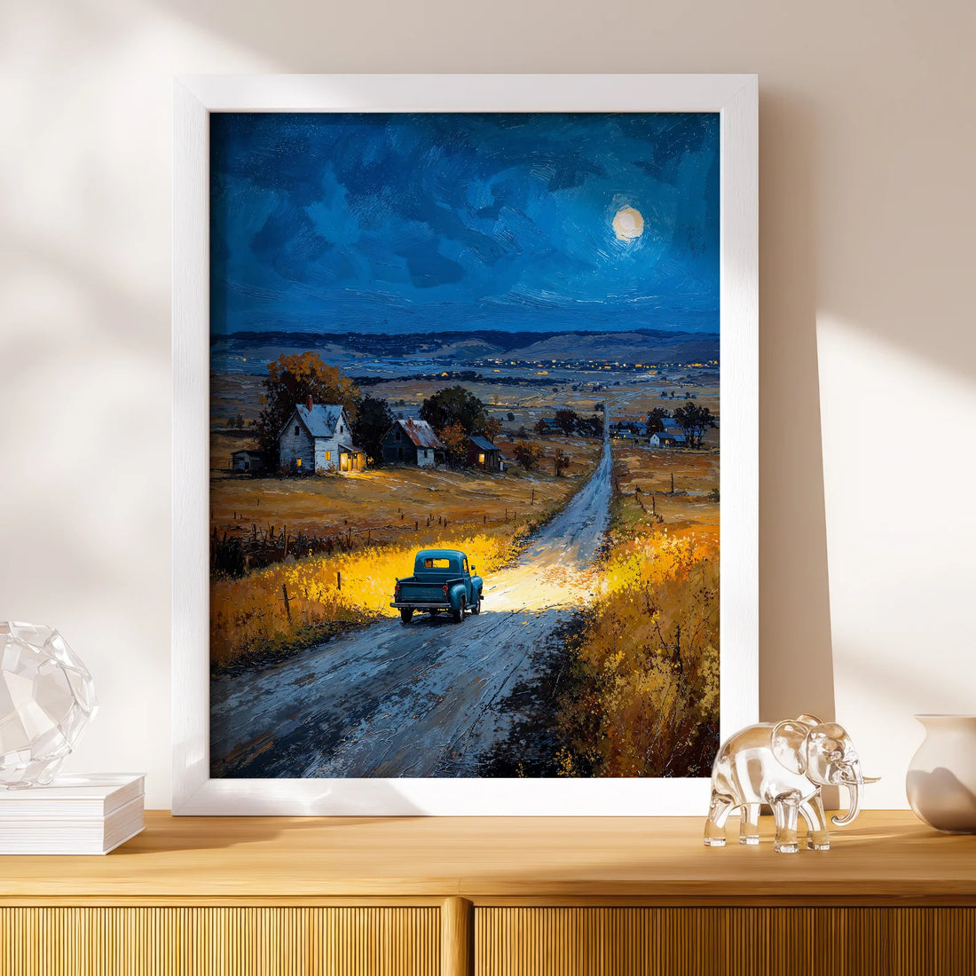 Nebraska's Moonlight – Vintage Truck Night Landscape Print By