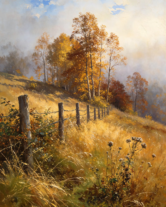 Landscape painting of a hillside with trees, fence, and grass under a blue sky.