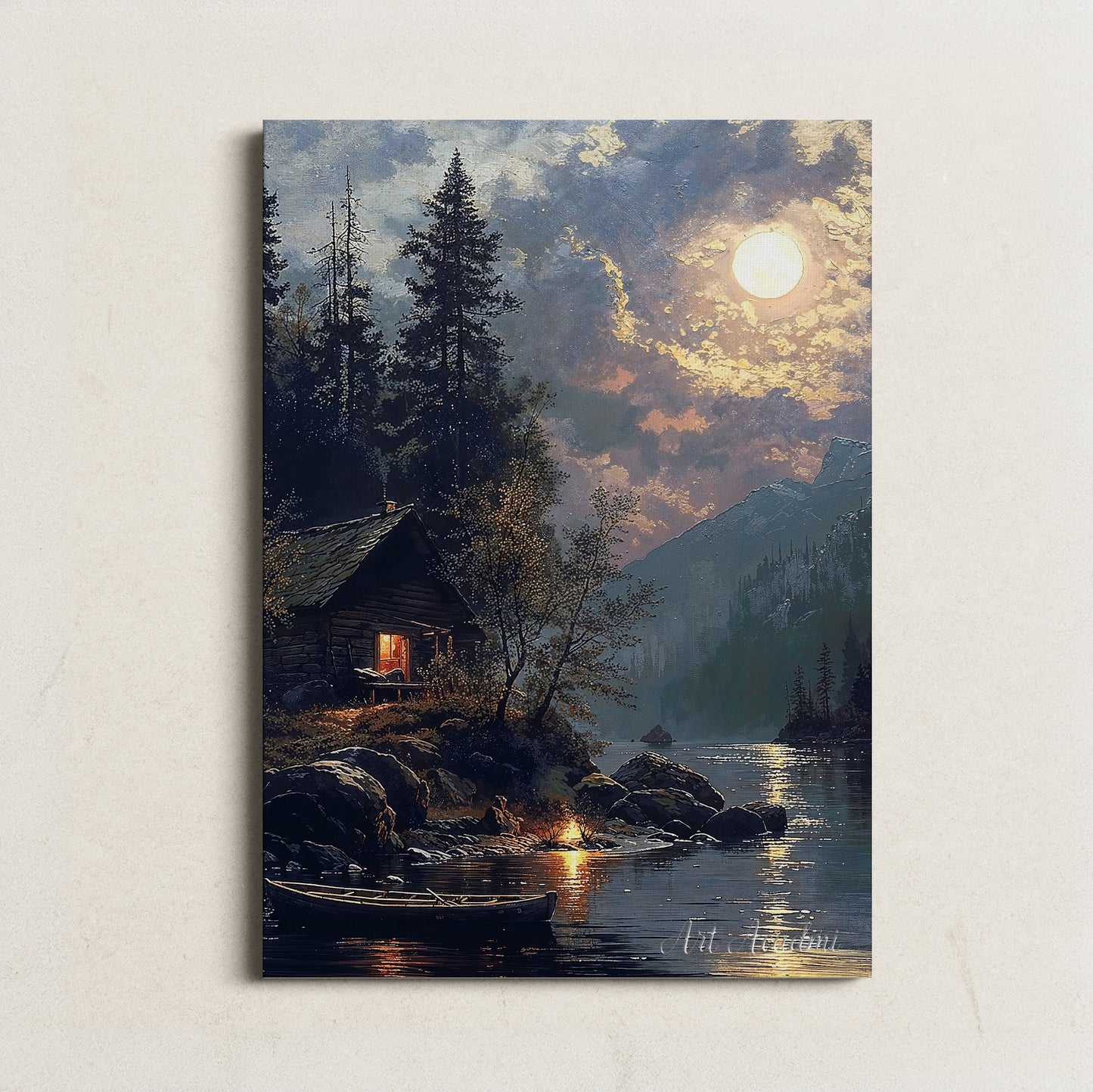 Moonlit Cabin by the Lake Digital Art Print | Tranquil Wilderness Scene | Night Landscape Printable | Instant Download Home Decor