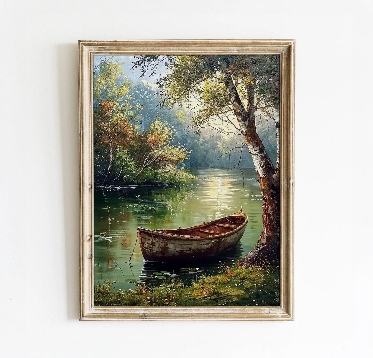 Tranquil Boat on Forest Lake Digital Art Print | Peaceful Nature Scene | Countryside Printable | Instant Download Home Decor