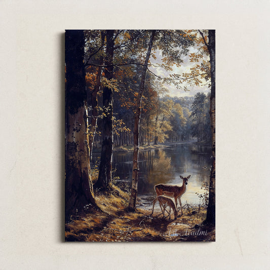 Mother Deer and Fawn in Autumn Forest by Lake | Peaceful Nature Landscape Digital Art Print | Rustic Cottage Printable Wall Art Decor