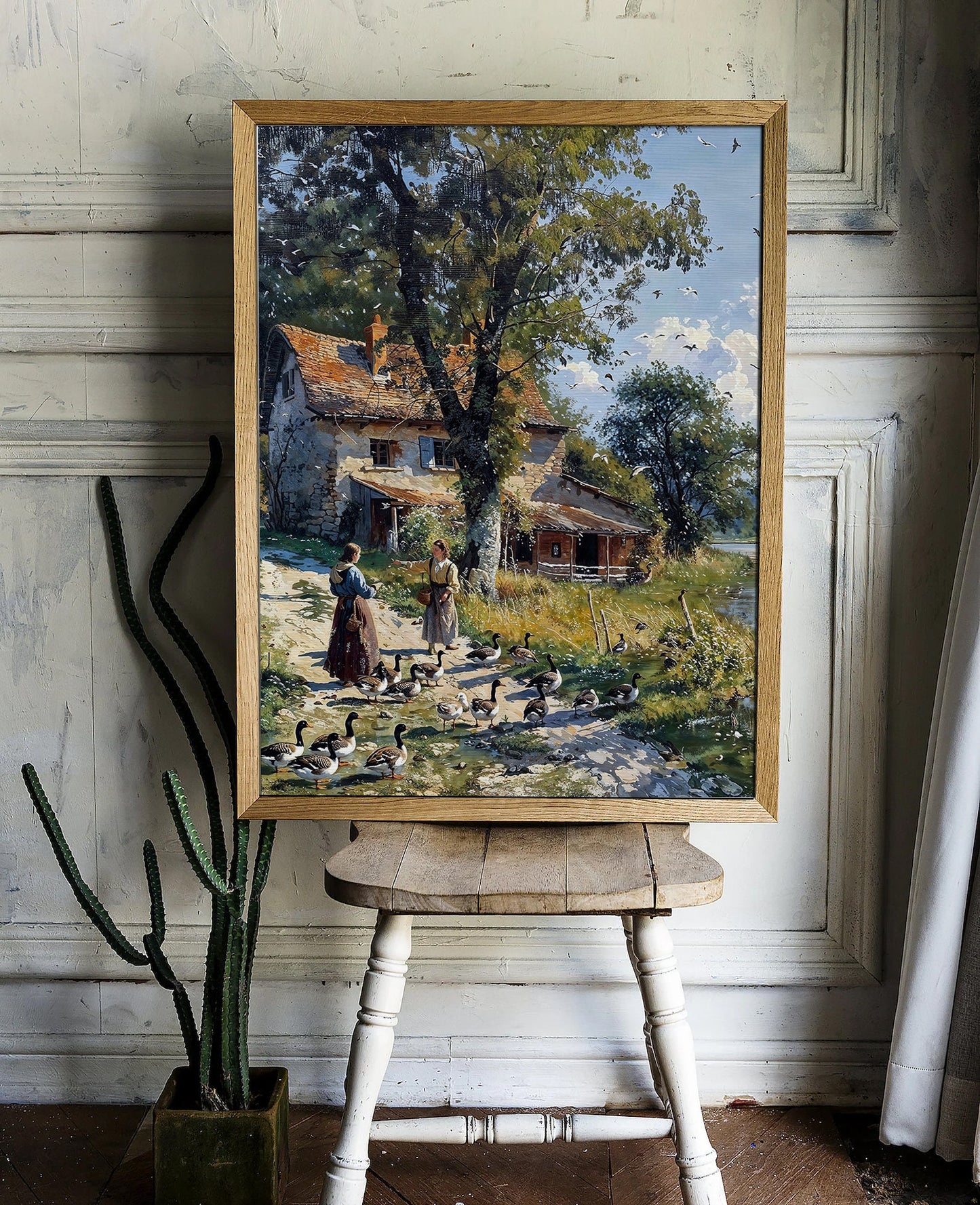 Charming Cottage with Women and Ducks - Rustic Nature Digital Art Print | Art Academi Wall Art | Instant Download