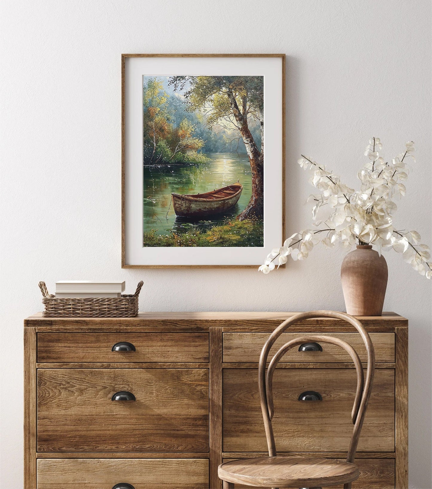 Serene Boat on a Tranquil Lake - Peaceful Nature Digital Art Print | Art Academi Wall Art | Instant Download