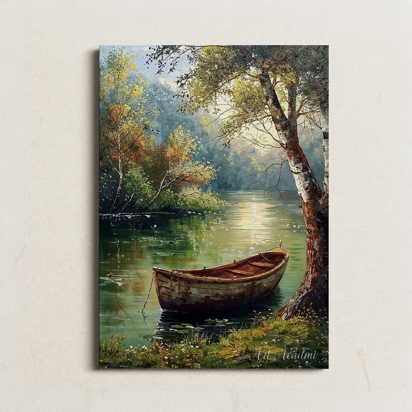 Serene Boat on a Tranquil Lake - Peaceful Nature Digital Art Print | Art Academi Wall Art | Instant Download