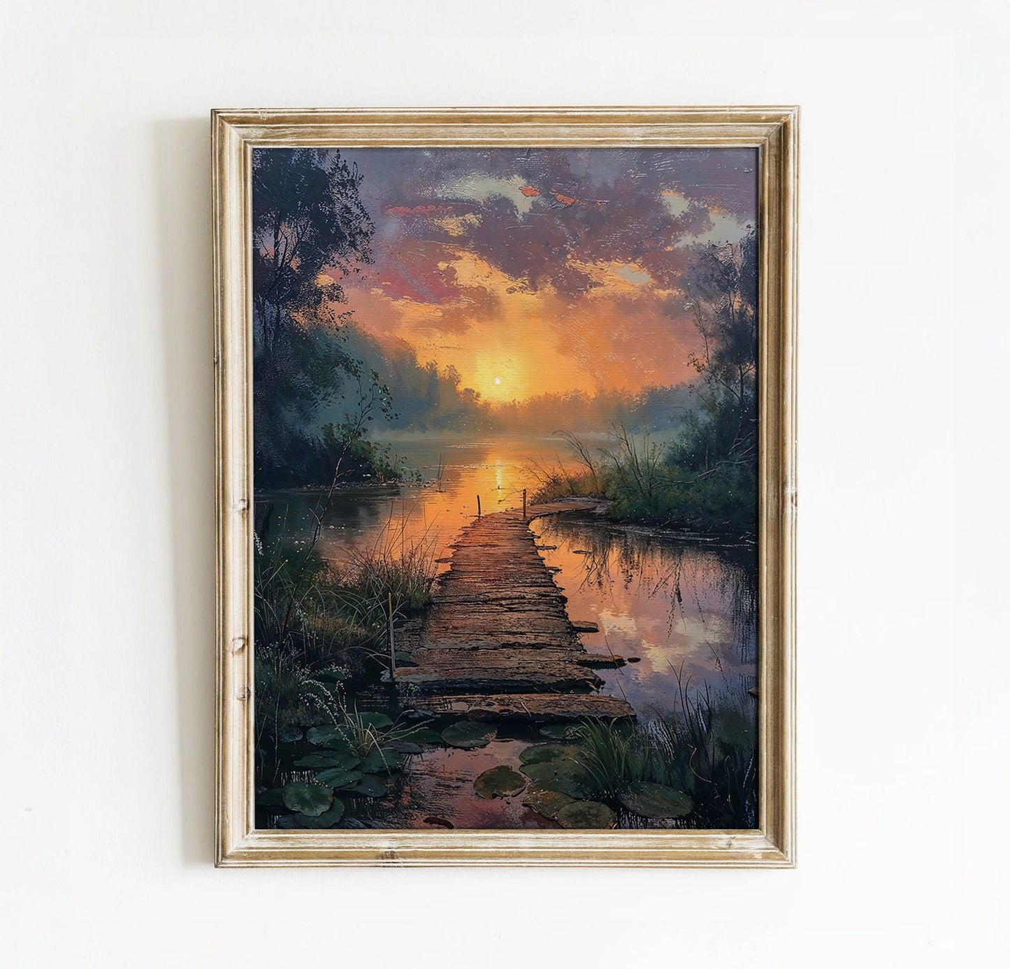 Sunset Over a Tranquil Lake with Wooden Pathway - Serene Nature Digital Art Print | Art Academi Wall Art | Instant Download