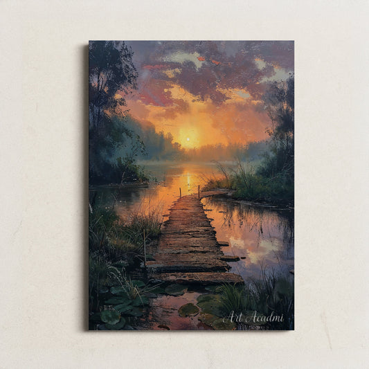 Sunset Over a Tranquil Lake with Wooden Pathway - Serene Nature Digital Art Print | Art Academi Wall Art | Instant Download