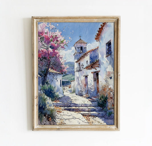 Charming Mediterranean Village Scene - Watercolor Digital Art Print | Art Academi Wall Art | Instant Download