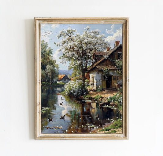 Tranquil Springtime Cottage by the Pond - Digital Art Print | Art Academi Wall Art | Instant Download