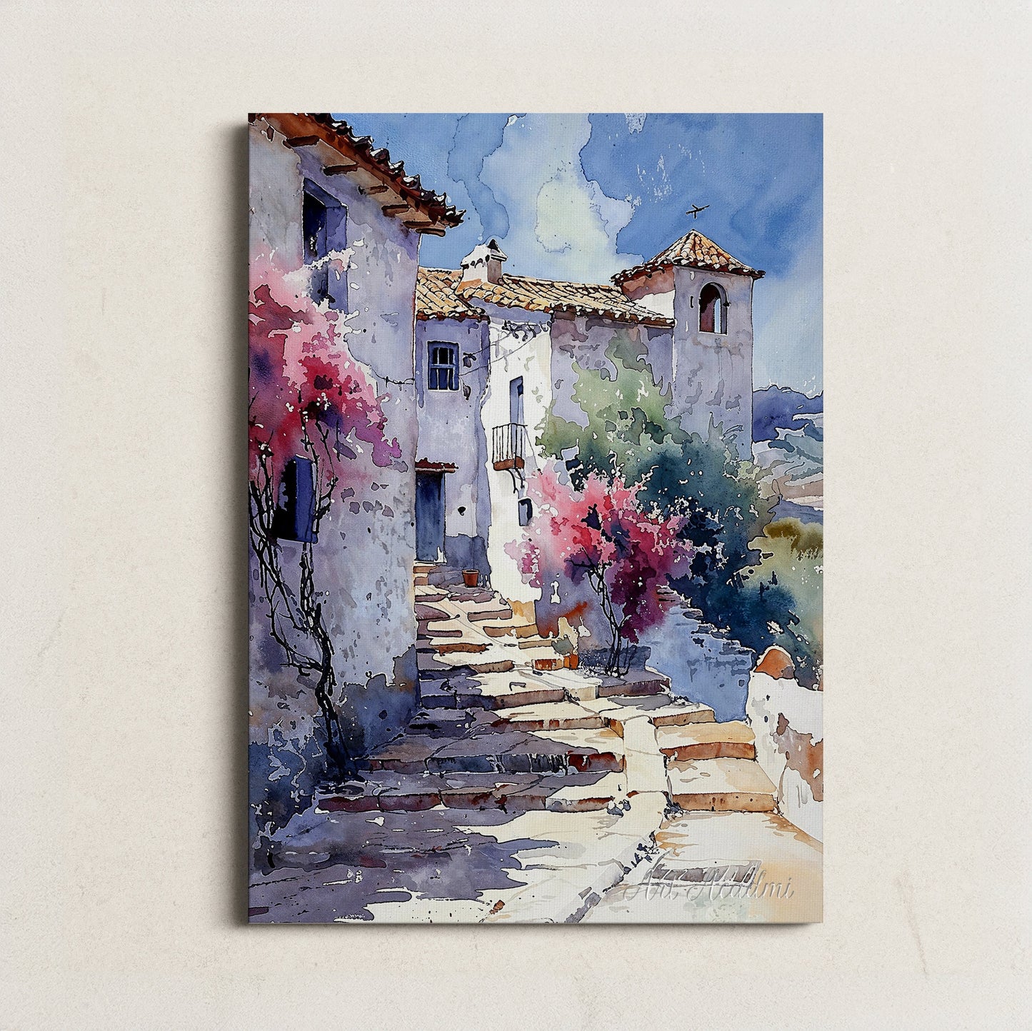 Sunlit Spanish Village | Digital Art Print | Art Academi | Mediterranean Wall Decor | Instant Download Home Art | Bright and Vibrant Scene