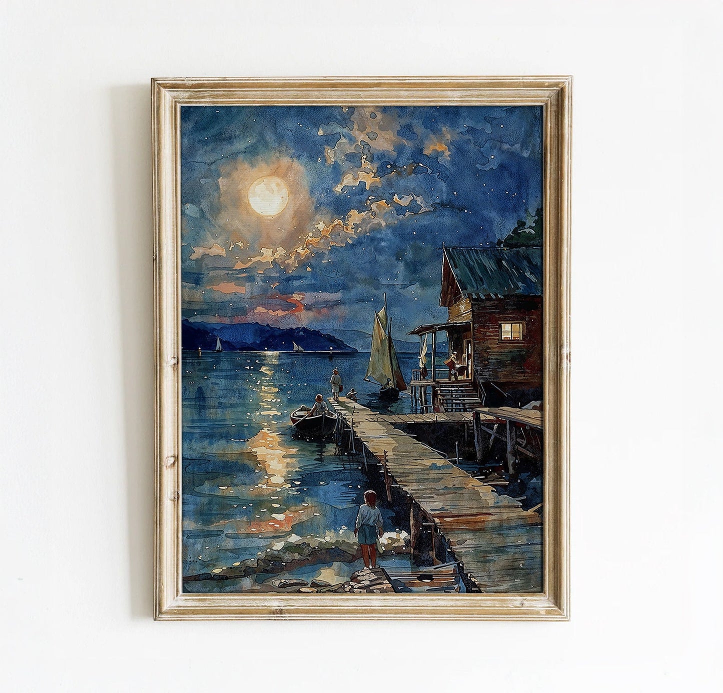 Moonlit Lakeside Dock with Boats and Starry Night Sky - Enchanting Printable Art for Home Decor | Art Academi