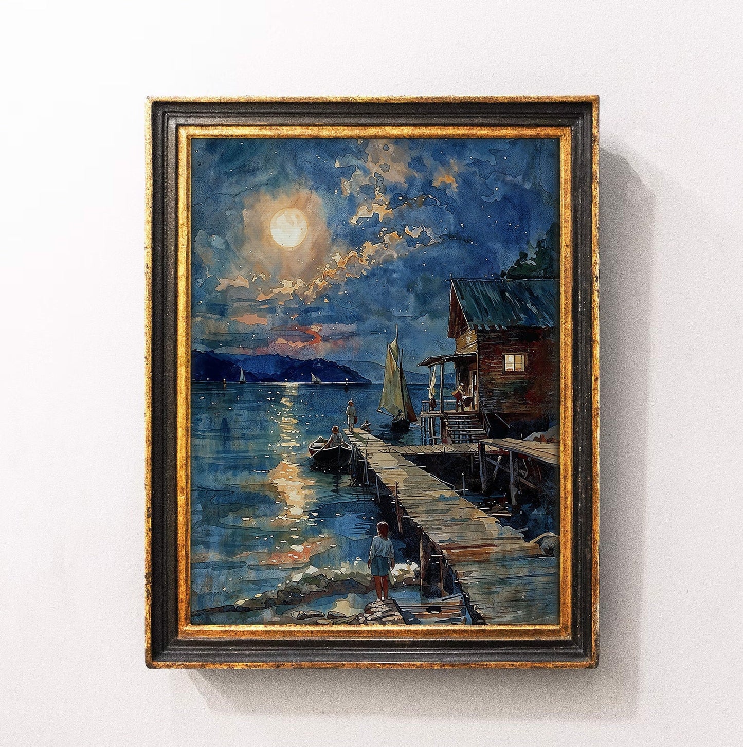 Moonlit Lakeside Dock with Boats and Starry Night Sky - Enchanting Printable Art for Home Decor | Art Academi