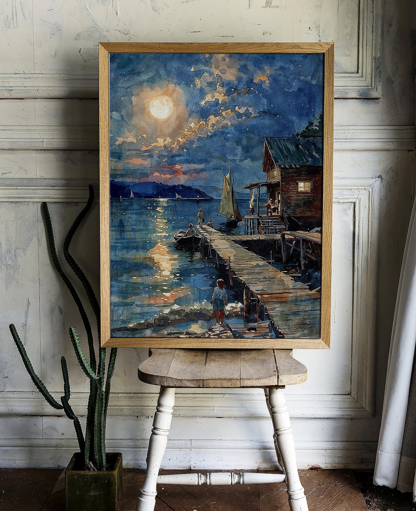 Moonlit Lakeside Dock with Boats and Starry Night Sky - Enchanting Printable Art for Home Decor | Art Academi