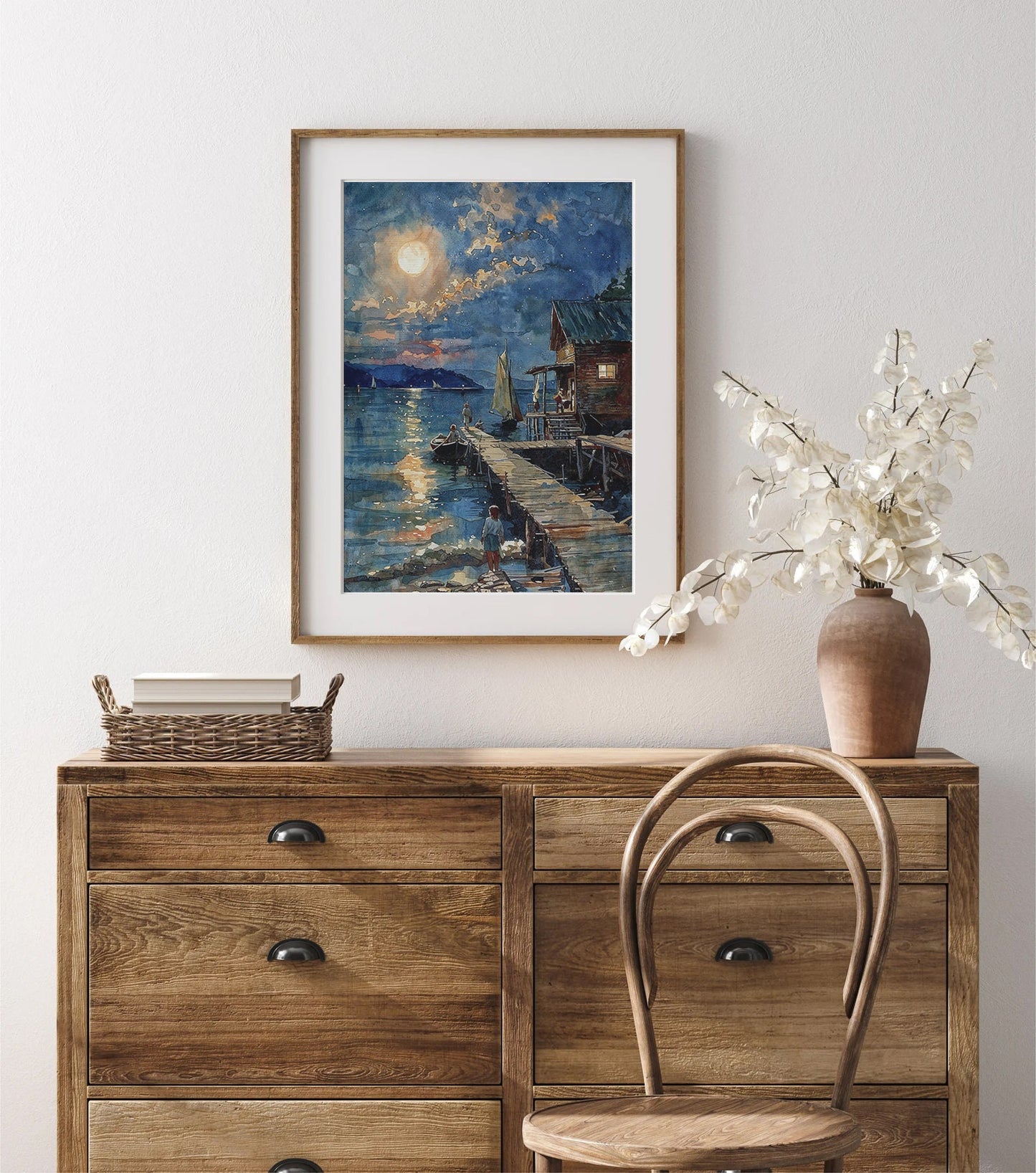 Moonlit Lakeside Dock with Boats and Starry Night Sky - Enchanting Printable Art for Home Decor | Art Academi