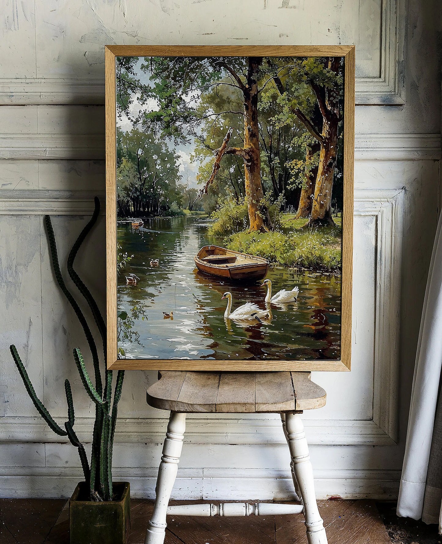 Serene River with Swans and Rowboat - Tranquil Nature Printable Art for Home Decor | Art Academi