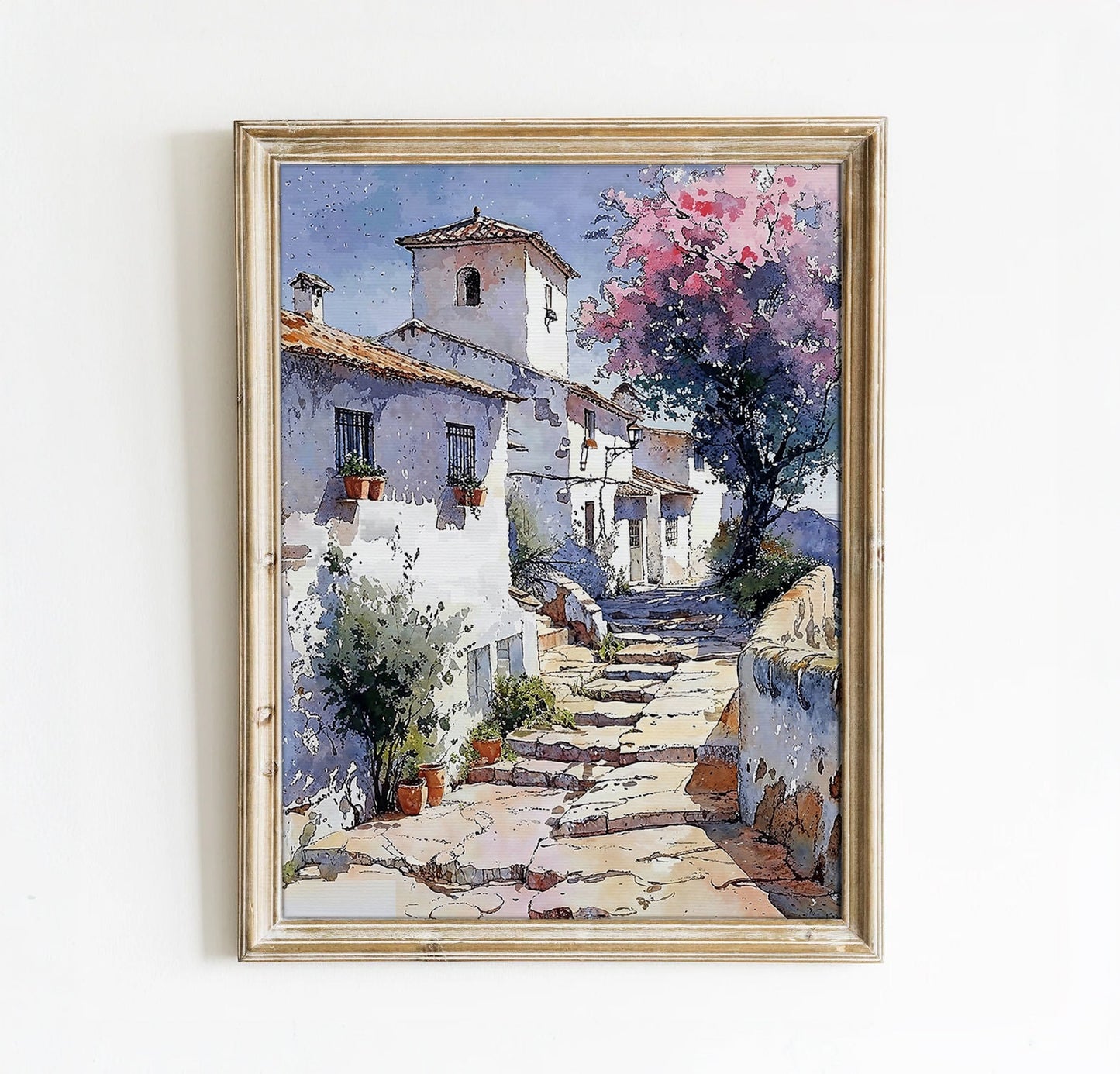 Charming Mediterranean Village Scene - Serene Steps and Blossoms Printable Art for Home Decor | Art Academi