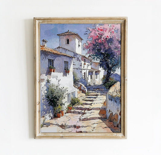 Charming Mediterranean Village Scene - Serene Steps and Blossoms Printable Art for Home Decor | Art Academi