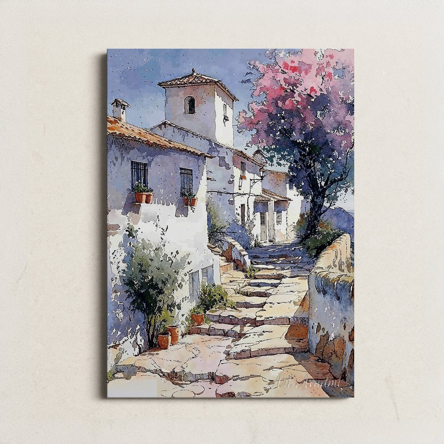 Charming Mediterranean Village Scene - Serene Steps and Blossoms Printable Art for Home Decor | Art Academi