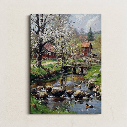 Rustic Springtime Farm with Blossoming Trees and Ducks - Tranquil Countryside Printable Art for Home Decor | Art Academi