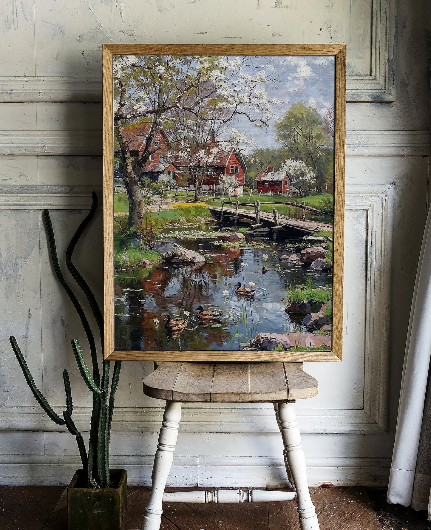 Quaint Spring Farm with Blossoming Trees and Ducks - Idyllic Countryside Printable Art for Home Decor | Art Academi