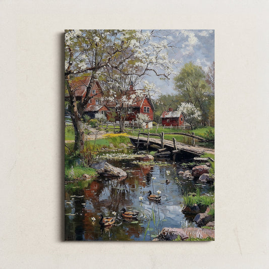 Quaint Spring Farm with Blossoming Trees and Ducks - Idyllic Countryside Printable Art for Home Decor | Art Academi