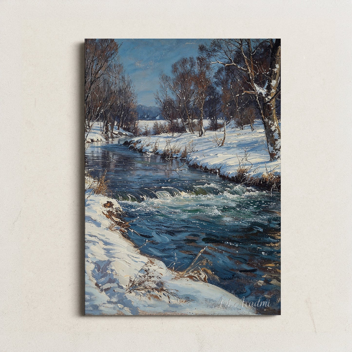 River in a Snowy Landscape Wall art, Serene River in Winter Printable Art, 300 dpi High-resolution Wall Art for Instant Download, Vertical