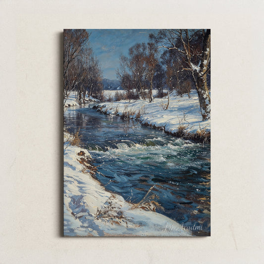 River in a Snowy Landscape Wall art, Serene River in Winter Printable Art, 300 dpi High-resolution Wall Art for Instant Download, Vertical