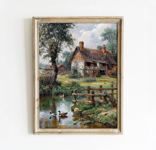 Charming Duck Pond with Rustic Farmhouse - Countryside Printable Art for Home Decor | Art Academi