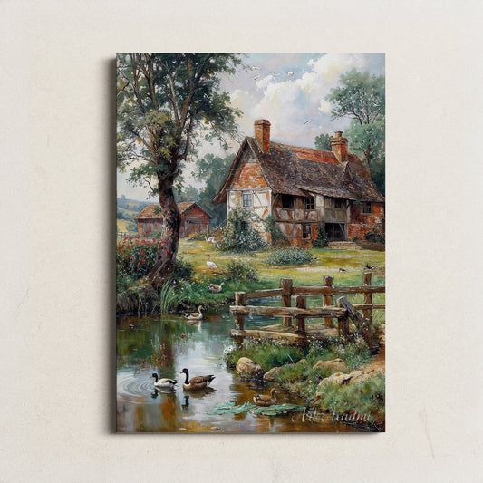 Charming Duck Pond with Rustic Farmhouse - Countryside Printable Art for Home Decor | Art Academi