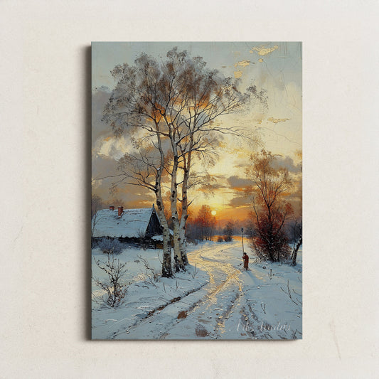 Winter Sunrise by the Cottage - Serene Snowy Landscape Printable Art for Home Decor | Art Academi