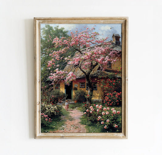 Charming Cottage with Blossoming Cherry Tree - Countryside Printable Art for Home Decor | Art Academi