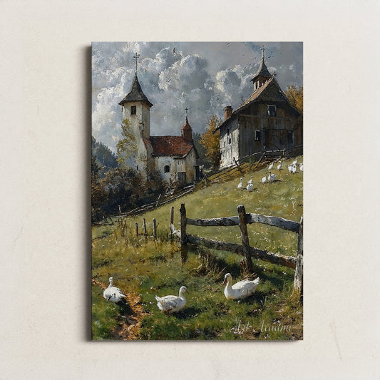 Countryside Church with Grazing Geese - Serene Rural Printable Art for Home Decor | Art Academi