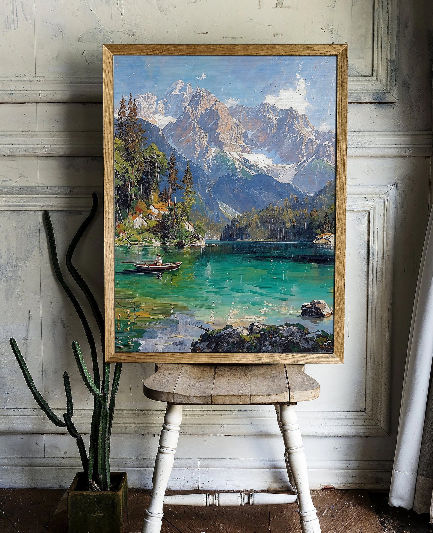 Mountain Lake with Fisherman and Snow-Capped Peaks - Scenic Landscape Printable Art for Home Decor | Art Academi