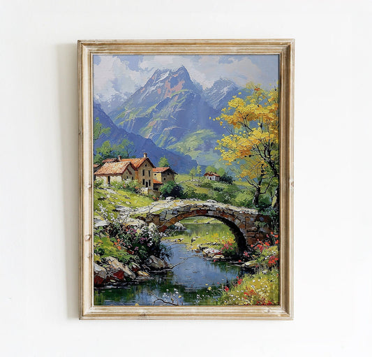 Charming Stone Bridge and Mountain Cottage - Countryside Printable Art for Home Decor | Art Academi