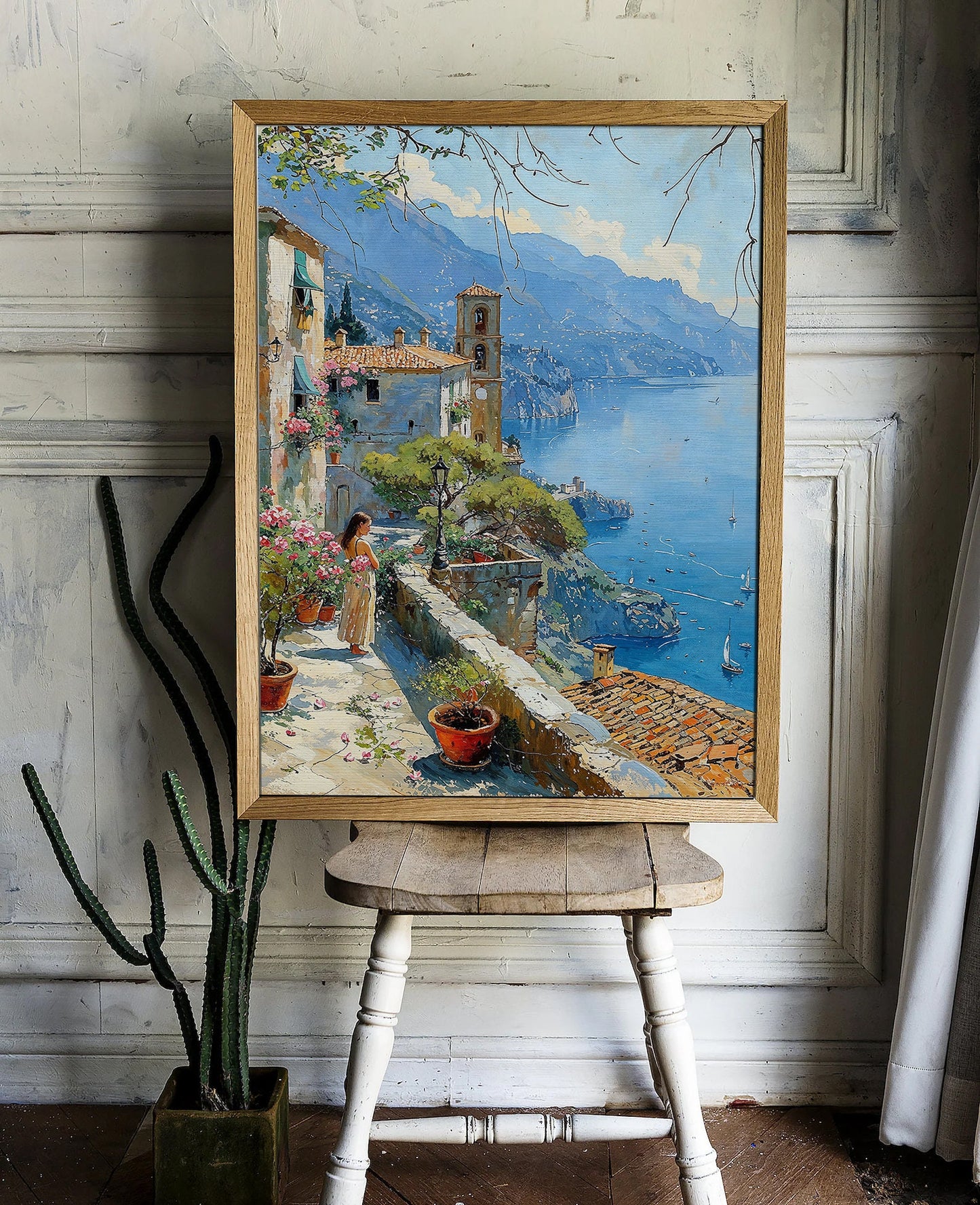 Mediterranean Coastal Village with Blooming Flowers - Seaside Printable Art for Home Decor | Art Academi