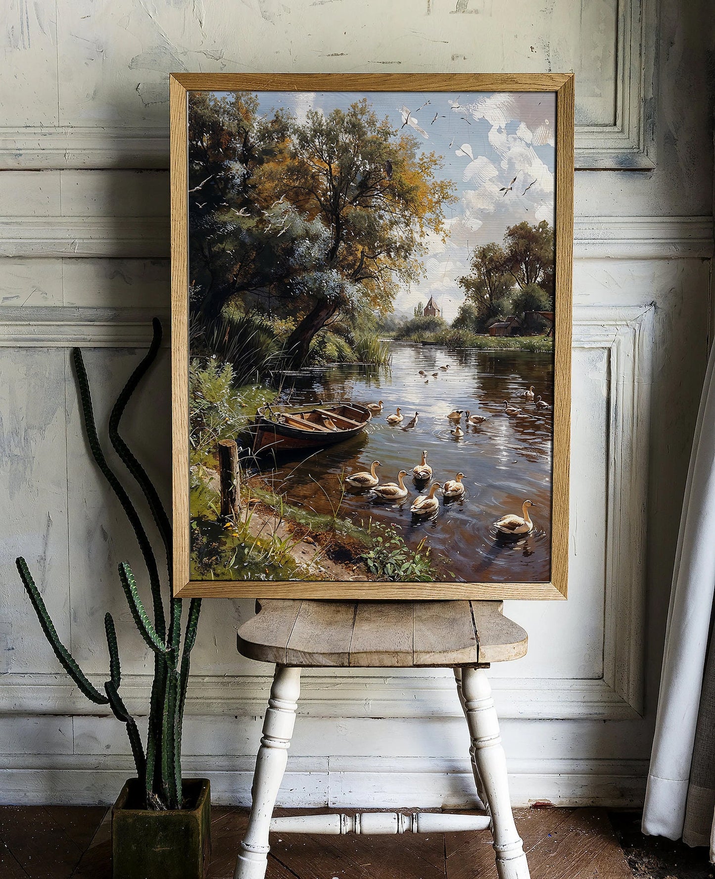 Serene River Landscape with Ducks and Boat - Tranquil Nature Digital Art Print | Art Academi Wall Art | Instant Download