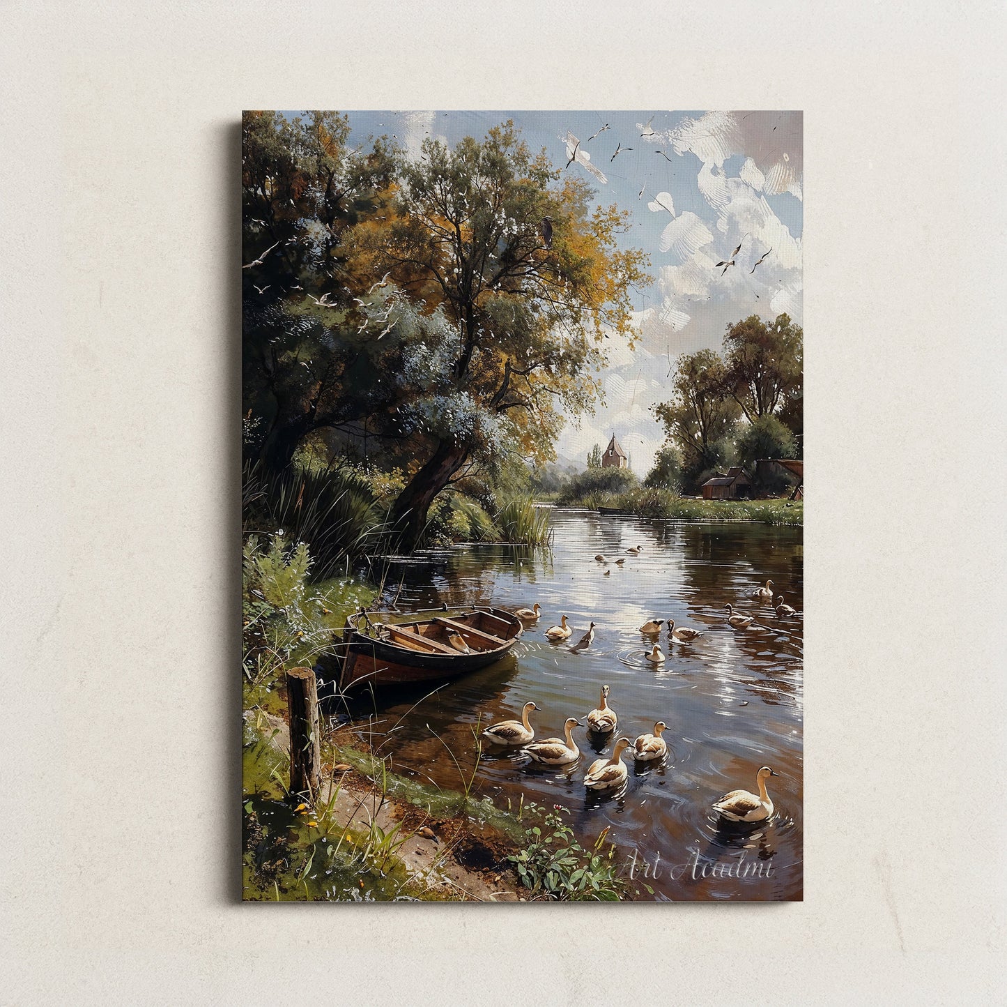 Serene River Landscape with Ducks and Boat - Tranquil Nature Digital Art Print | Art Academi Wall Art | Instant Download