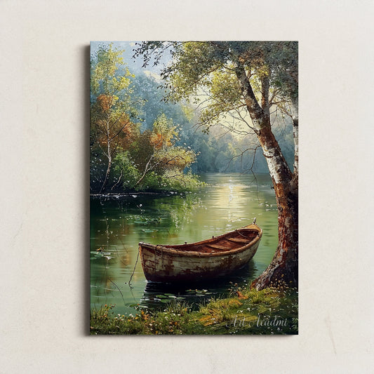 Tranquil Boat on Forest Lake Digital Art Print | Peaceful Nature Scene | Countryside Printable | Instant Download Home Decor