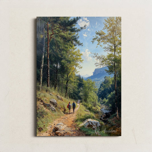 Hikers in Scenic Forest Trail Digital Art Print | Tranquil Nature Walk | Countryside Landscape Printable | Instant Download Home Decor