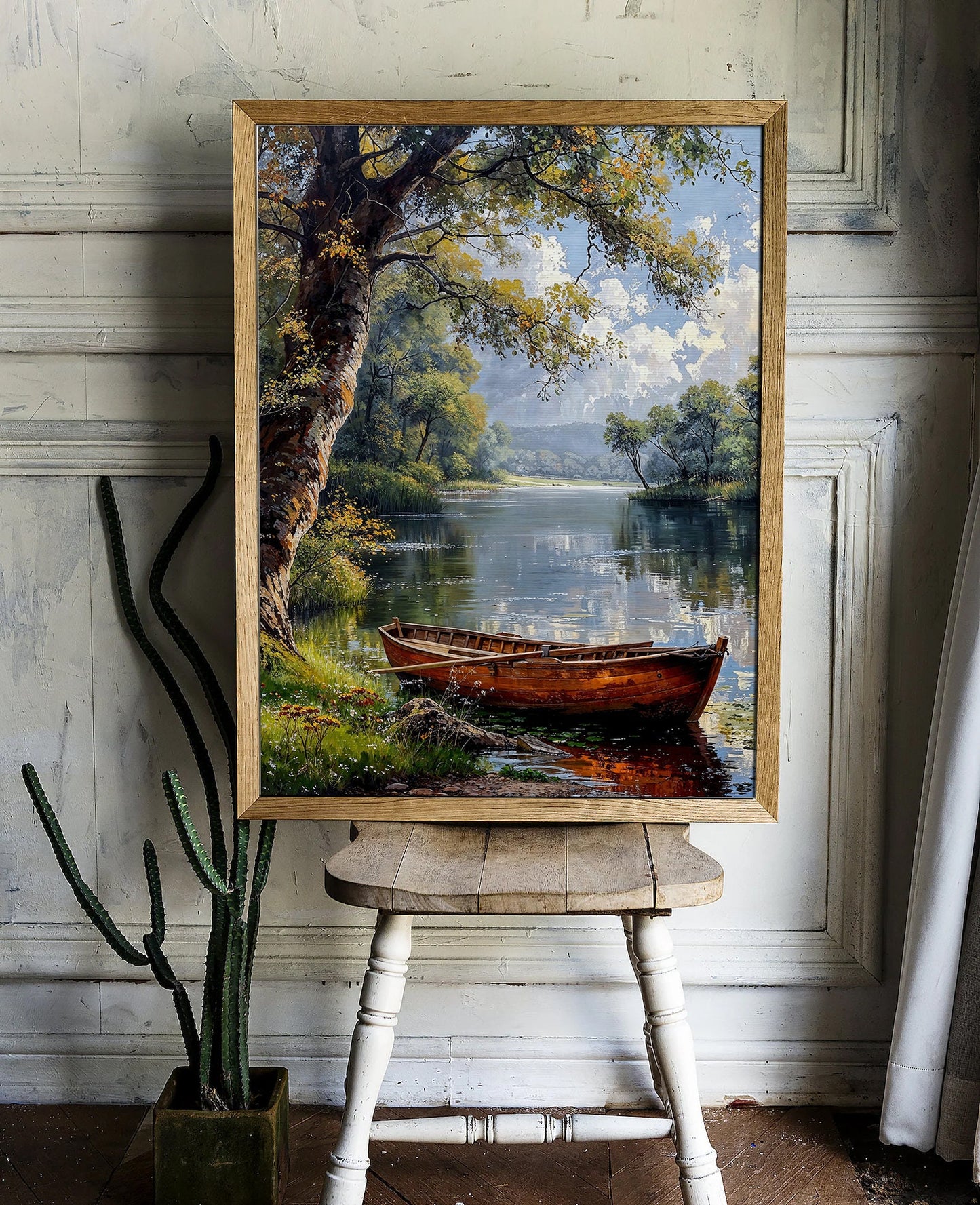 Tranquil Lake with Boat Digital Art Print | Peaceful Nature Scene | Countryside Landscape Printable | Instant Download Home Decor