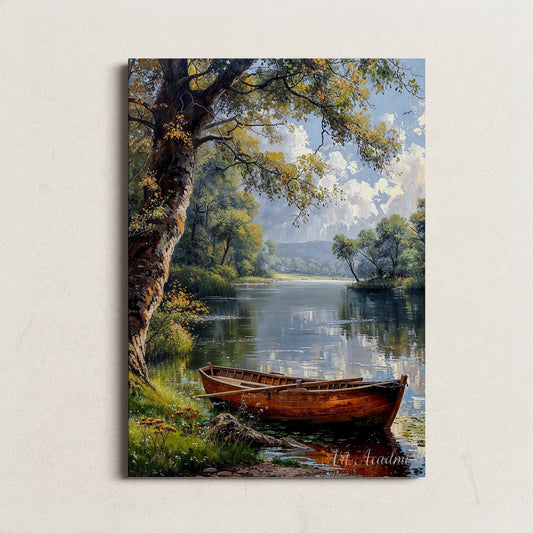 Tranquil Lake with Boat Digital Art Print | Peaceful Nature Scene | Countryside Landscape Printable | Instant Download Home Decor