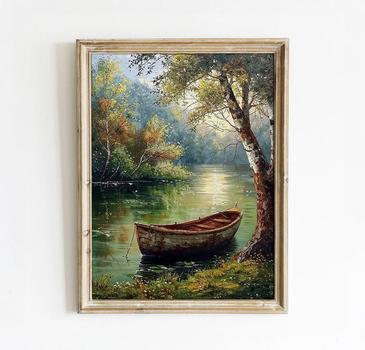 Serene Boat on a Tranquil Lake - Peaceful Nature Digital Art Print | Art Academi Wall Art | Instant Download